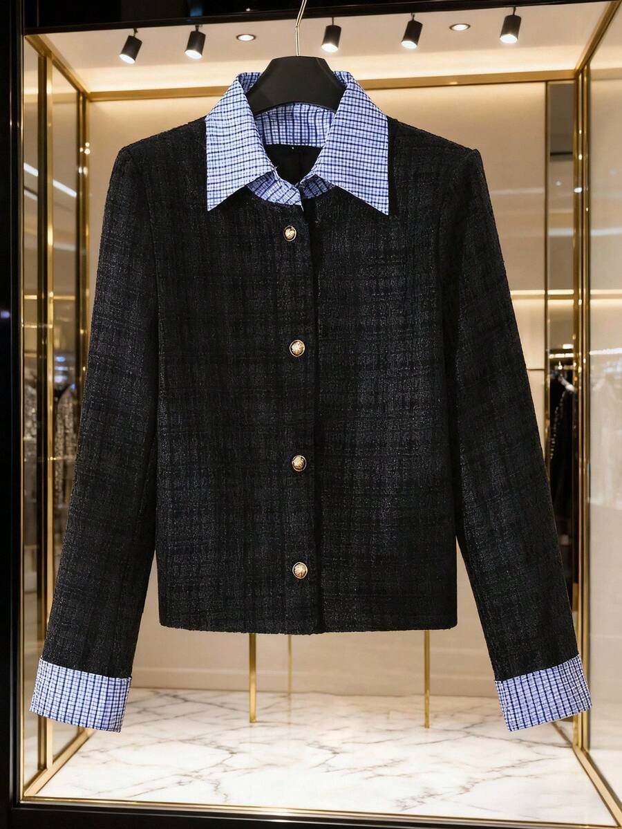 SHEIN Franclia Navy Blue Tweed Patchwork Plaid Jacket, Open Front, Metal Buttons - Navy Blue - View 1