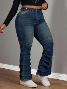 Slaydiva Plus Size Women Elastic Blue Vintage Side Pleated Flare Jeans - Dark Wash - View 3