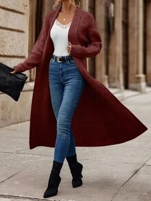 SHEIN LUNE Cárdigan largo casual y versátil de unicolor con cuello de chal - Rosa Roja - Ver 3