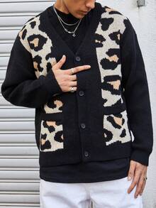 Manfinity CasualKnits 时尚渐变色豹纹男士开衫，欧美风格，秋冬