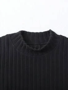 2pcs/Set Casual Girls Washed Blue Denim Loose Jacket Coat + Black Long Sleeve Pleated Knit Dress, Versatile For Commuting - Black - View 6