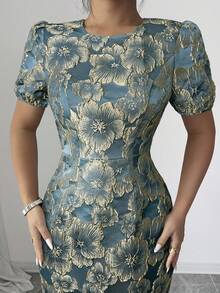 Elenzga 圆领泡泡袖短款连衣裙，收腰，纹理，金色提花，优雅复古中长连衣裙，适合春夏初秋 - 藍色 - 查看 3