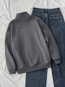 SHEIN Sudadera gris jaspeada con cuello alto y media cremallera, estilo básico para niña preadolescente - Gris Oscuro - Ver 2