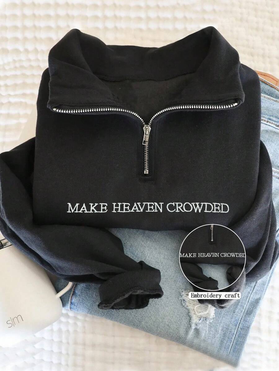 INAWLY 1/4 拉链刺绣“Make Heaven Crowded”运动衫 - 信仰毛衣 - 信仰为基础的女士毛衣 - 送给她的礼物 - 基督教赞美诗 - 黑色 - 查看 1