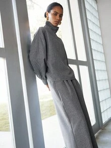 Lumivelle 女士秋季立领长袖衬衫和阔腿休闲宽松两件套 - 深灰色 - 查看 7