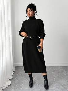 SHEIN Tall CURVE فستان كنزة صوفية بياقة عالية وأكمام راجلان للمقاسات الكبيرة - الأسود - مشاهدة 4