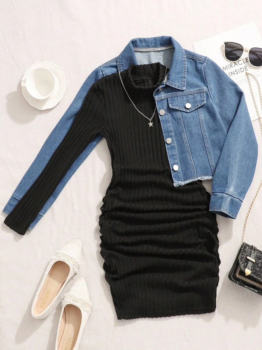 2pcs/Set Casual Girls Washed Blue Denim Loose Jacket Coat + Black Long Sleeve Pleated Knit Dress, Versatile For Commuting - Black - View 1