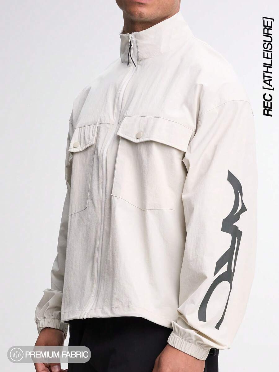 Men's Letter Print Pocket Design Zip Front Casual Long Sleeve Jacket - Beige - View 1