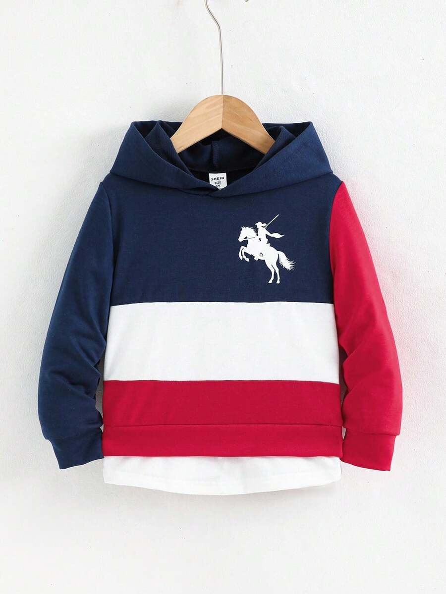 SHEIN Genkimix Kids 1件装 男童休闲百搭运动马卡通印花撞色长袖卫衣,蓝色、红色、白色 男童撞色卫衣 男童条纹卫衣 图案印花卫衣 - 彩色 - 查看 1