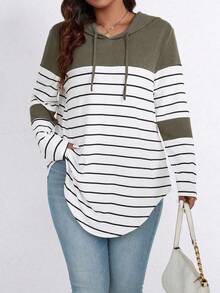 EMERY ROSE Plus Size Color Block Striped Hooded Casual T-Shirt Graphic Tees Women Tops - Army Green - View 1