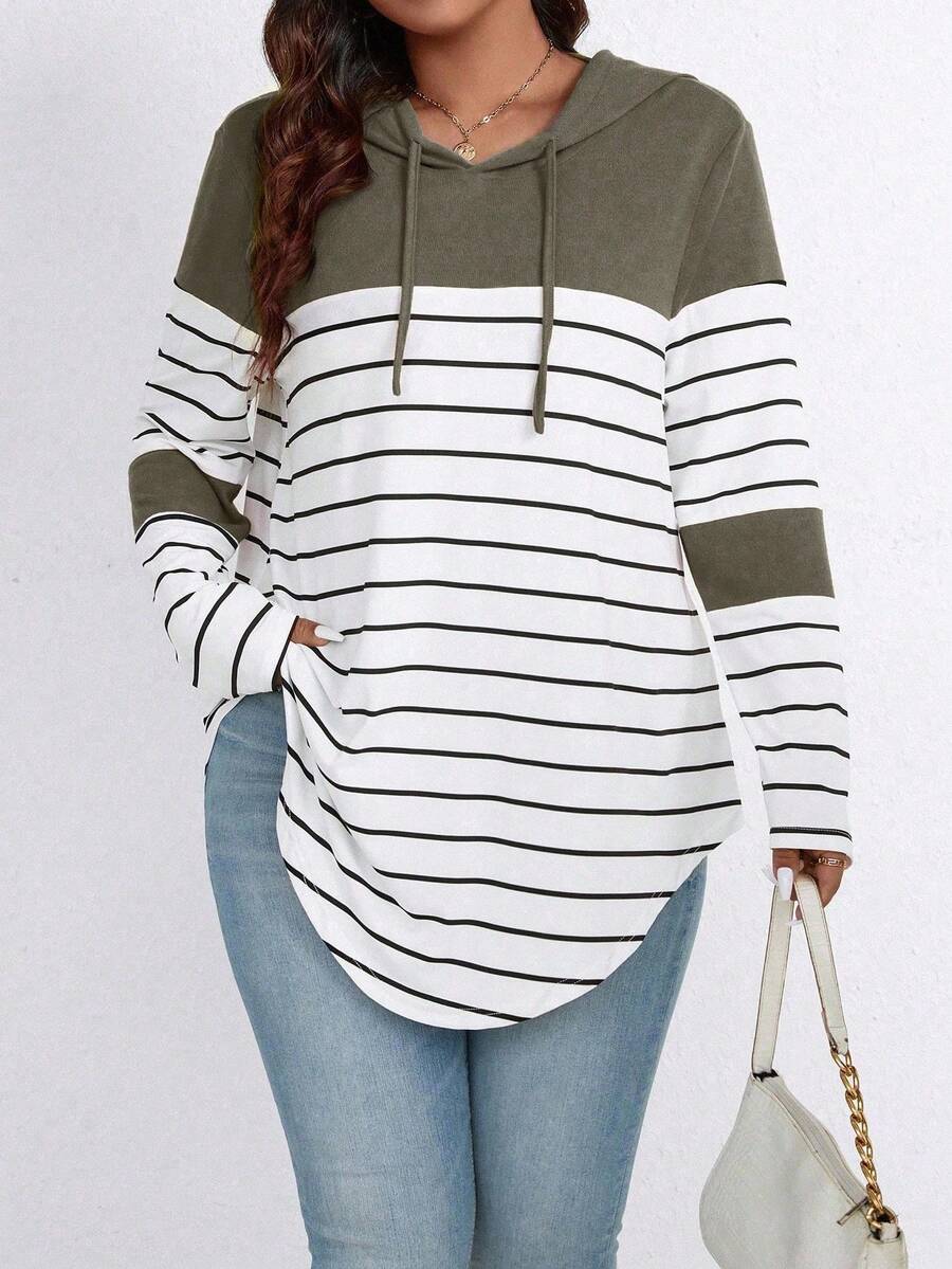 EMERY ROSE Plus Size Color Block Striped Hooded Casual T-Shirt Graphic Tees Women Tops - Army Green - View 1