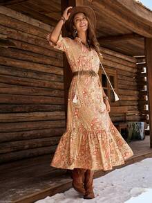 LanaWest 女士波西米亚风印花中袖连衣裙，波西米亚流苏荷叶边半袖系领宽松长款多色荷叶边印花连衣裙，佩斯利花纹宽松长裙，春秋季休闲日常穿着长款女装 - 彩色 - 查看 5