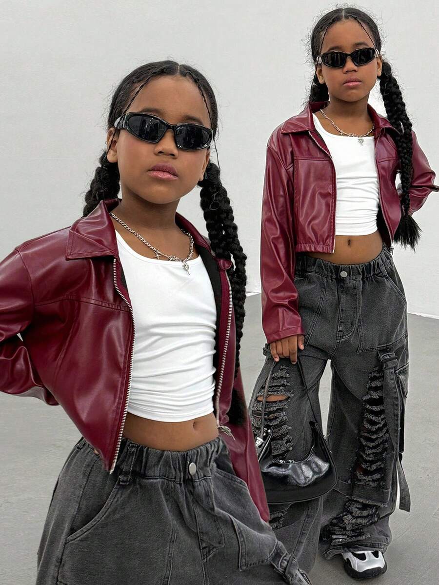 Sparklyn Girls' PU Leather Jacket, Red Short Motorcycle Jacket, Street Fashion Cool Style,Winter Clothes,Fall Clothing,Long Sleeve Tops,Long Sleeve Shirts