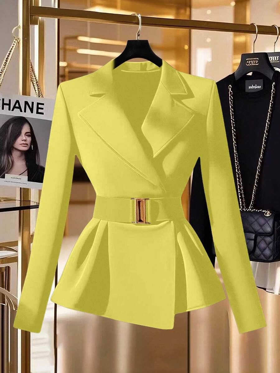 GlowEve Áo khoác blazer cổ ve xanh huỳnh quang thanh lịch, sang trọng, đi làm, đi chơi, có thắt lưng - Màu vàng - Xem 1