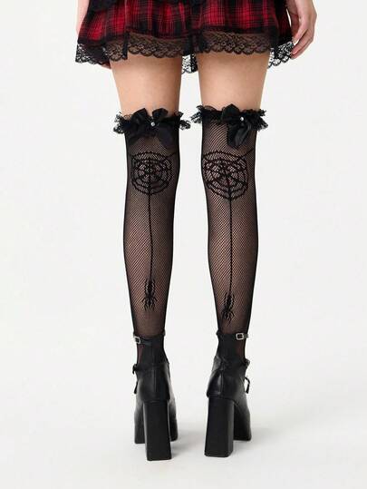 Grunge Punk زوج من جوارب فوق الركبة ذات تصميم شبكة العنكبوت الجذاب، جوارب لون أحادي لليلة الهالوين، جوارب شفافة رفيعة وقابلة للمط
