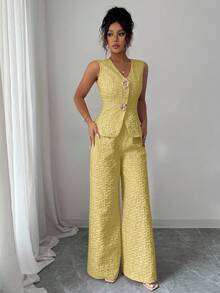 Selianne Bộ 2 món họa tiết thanh lịch dành cho nữ, màu hồng, mùa hè - Màu vàng - Xem 4