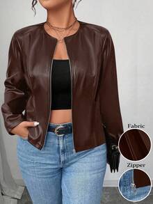 SHEIN PETITE CURVE 大码女式经典百搭 PU 皮夹克，小号系列 - 棕色 - 查看 1