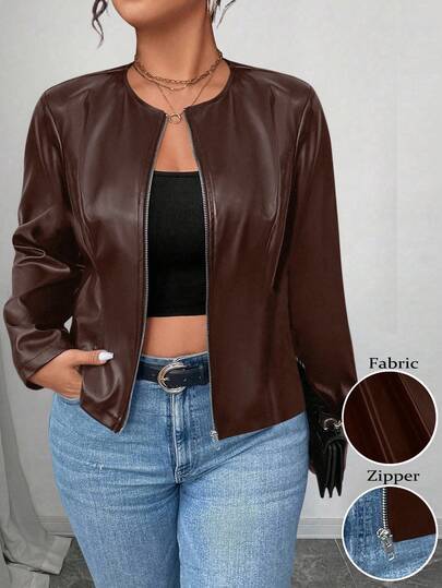 SHEIN PETITE CURVE Plus Size Women's Classic Versatile PU Leather Jacket, Petite Series