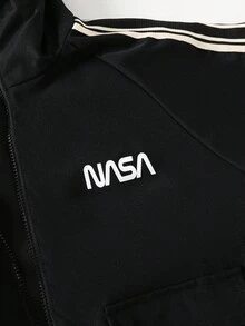 Tween Boy Letter & Stripe Print Zip-Up Casual Hoodie Jacket, Autumn - Black - View 3