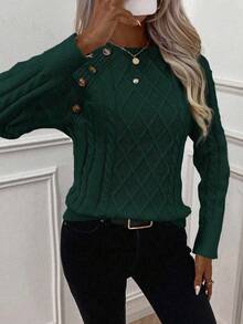 EMERY ROSE Suéter casual de mujer con diseño de botones y cuello redondo, manga raglán, para otoño/invierno