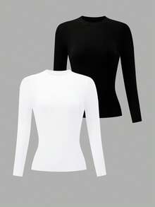 SHEIN 2件套黑白加大码女式修身圆领T恤 - 彩色 - 查看 3