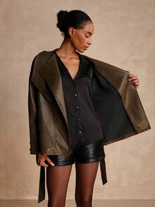Lyxana Áo khoác da PU tay dài thời trang đường phố dành cho nữ - màu nâu - Xem 8