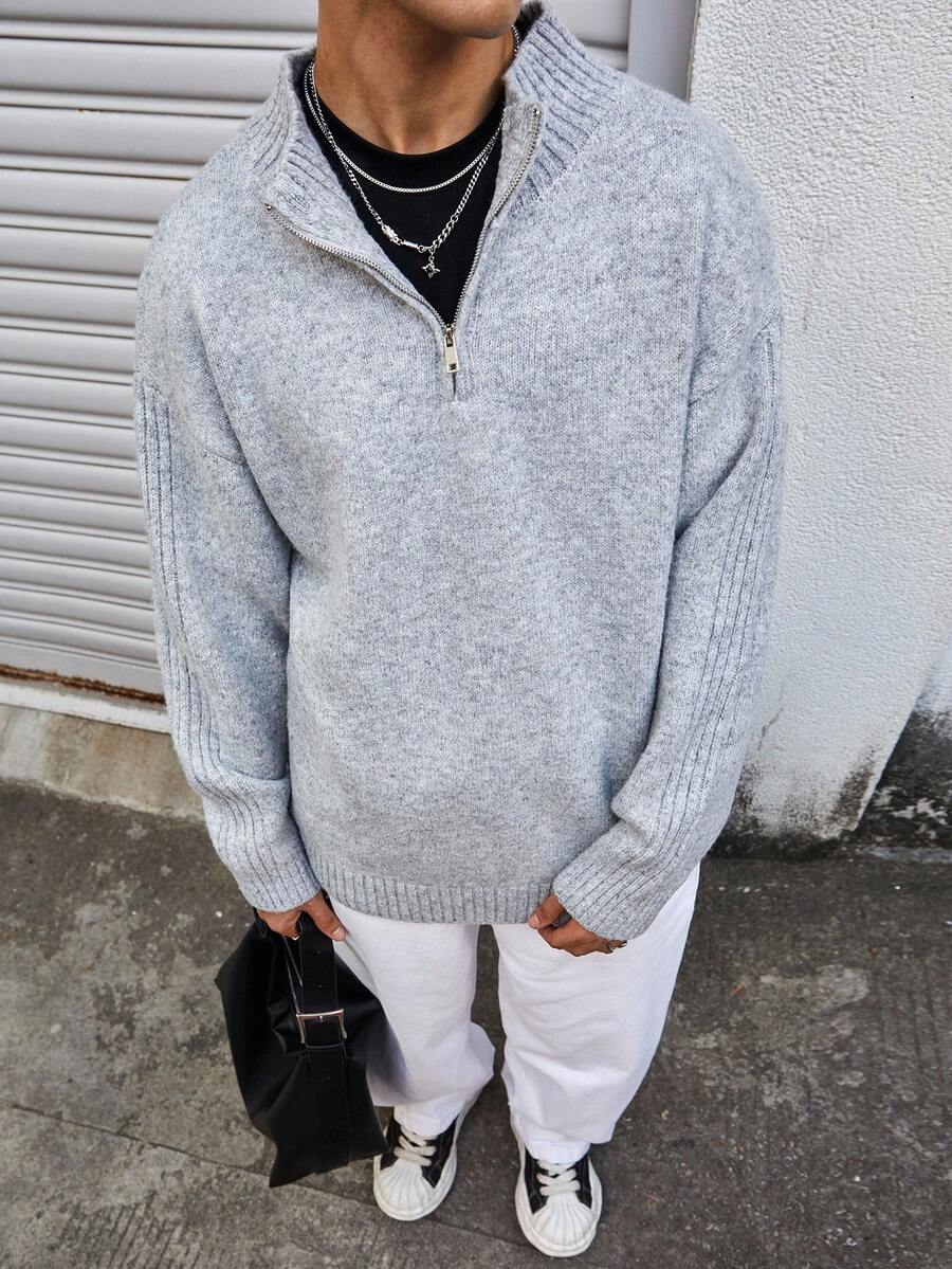 Manfinity CasualKnits Men's Solid Color Half-Zip Dropped Shoulder Long Sleeve Casual Knit Pullover Sweater, For Fall Winter - Grey - View 1