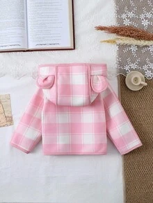 SHEIN 女婴6个月-3岁休闲长袖外套，秋季保暖加厚格子夹克 - 粉色 - 查看 2
