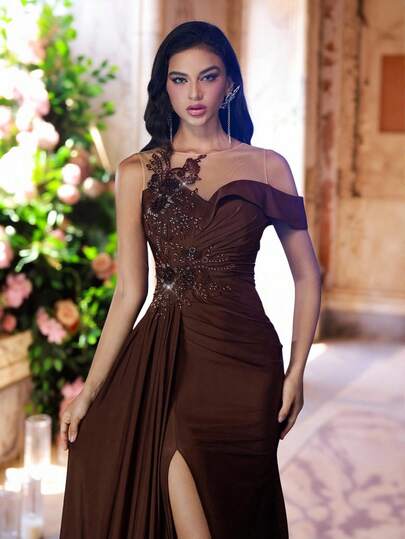 Glamrae 优雅奢华串珠蕾丝贴花弹力褶饰性感开衩鱼尾裙，带侧流苏，适合婚礼、派对、宴会礼服（重型款式）