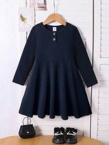 SHEIN Emery Rose Kids 年轻女孩优雅休闲圆领套头开叉设计中长连衣裙，适合上学、日常休闲装、秋冬 - 藏蓝色 - 查看 6