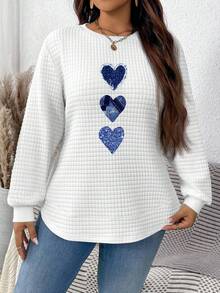 EMERY ROSE Moletom de Gola Careca de Manga Longa com Estampa de Coração Estilo Denim Falso, Malha Waffle Plus Size Casual e Fofo, Adequado para Transição do Início do Outono, Visual de Outono, Moletom de Outono - Branco - Visão 5