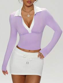 Dewbera 撞色装饰半扣修身长袖运动 Polo 衫 - 紫色 - 查看 3