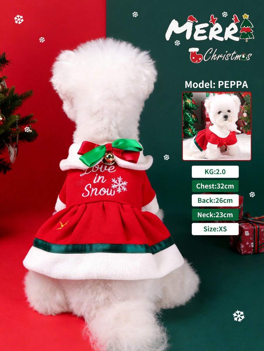 PETSIN 1pc Cat And Dog Clothes, Cute Red And Green Christmas Bell Snow Flower Dress, Autumn And Winter Pet Thick Warm Christmas Day Outfit - Red - View 1