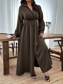 Weeklong Váy dài tay tối giản màu trơn cỡ lớn thường ngày - Màu nâu Sô-cô-la - Xem 3