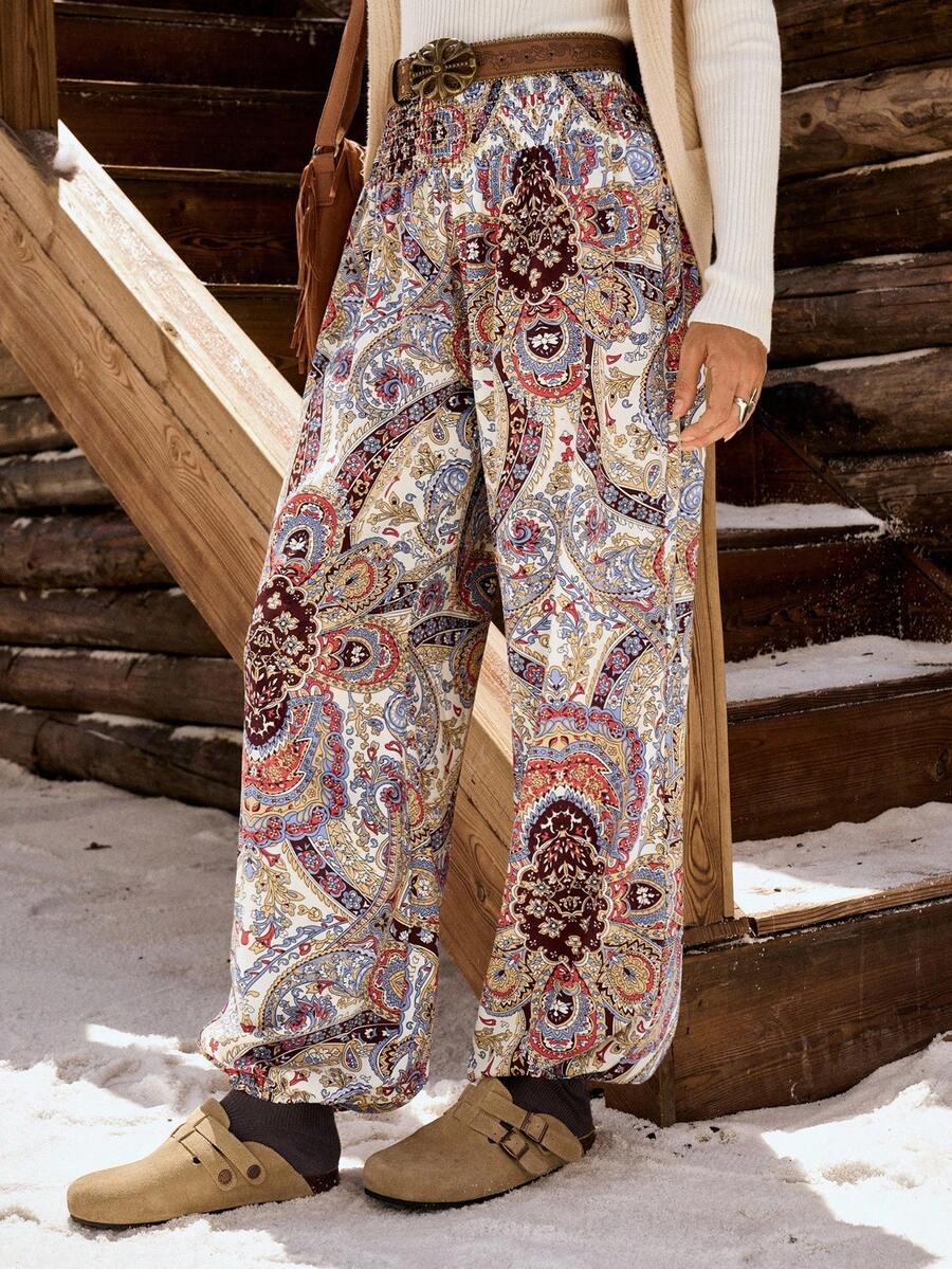 LanaWest Women's Floral Print Elastic Waist Loose Wide Leg Pants, Suitable For Vacation - Multicolor - View 1
