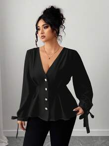 Elenzga 大码女式时尚收腰喇叭下摆优雅浅色纽扣设计衬衫 - 黑色 - 查看 5