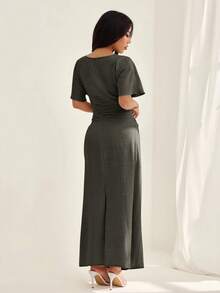 SHEIN PETITE 女士夏季纯色亚麻混纺休闲优雅连衣裙 - 綠色 - 查看 2