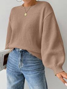 EMERY ROSE Loose Round-Neck Lantern Sleeveharmony Drop Shoulderknitted Sweater - Apricot - View 4