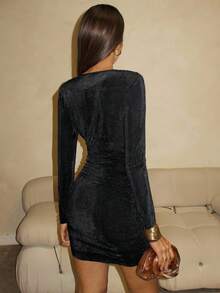 Glamine Women's Autumn Pleated Elegant Draped Neck Fitted Bodycon Mini Dress