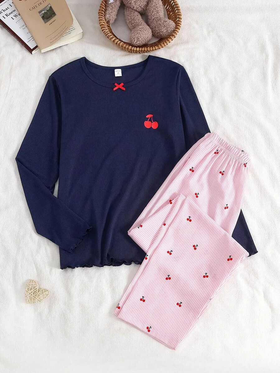 Women's Turquoise Polka Dot & Cherry Print Long Sleeve Top And Ribbed Casual Pants Loungewear Set Fall Winter - Multicolor - View 1