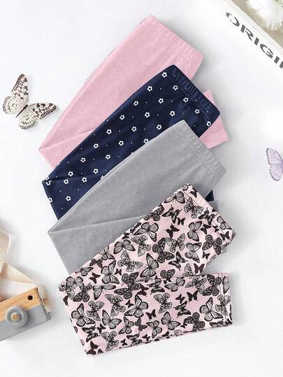 Set de 4 piezas de leggings para niñas con estampado de mariposas y flores, diseño minimalista, en negro y gris