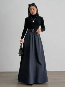 Aidyla تنورة وسطية فضفاضة منسوجة للنساء، تنورة طويلة رمادية عالية الجودة متعددة الاستخدامات، مخصرة، خريف/شتاء