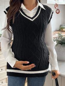 SHEIN 孕妇V领条纹印花休闲时尚毛衣背心