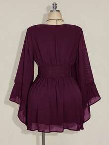 SHEIN ICON 女士纯色深褶皱收腰喇叭袖时尚迷你连衣裙 - 紫色 - 查看 3