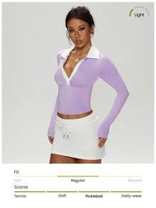 Dewbera 撞色装饰半扣修身长袖运动 Polo 衫 - 紫色 - 查看 6