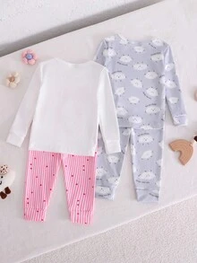 4 件套女婴简约时尚白色和粉色蝴蝶结、心形、云朵印花长袖上衣和紧身裤睡衣套装 - 彩色 - 查看 2