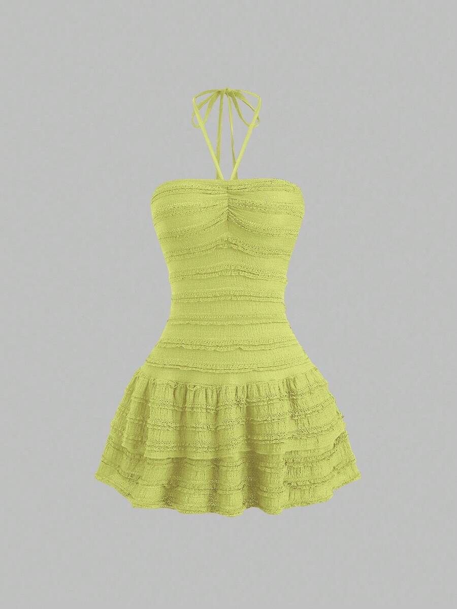 Sweetra Đầm xòe cổ yếm buộc eo màu trơn cho nữ - màu xanh lá - Xem 1