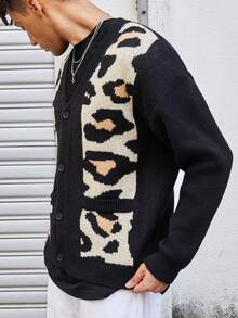 Manfinity CasualKnits 时尚渐变色豹纹男士开衫，欧美风格，秋冬