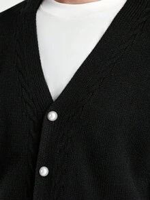 Manfinity CityGents Men's Solid Color V-Neck Drop Shoulder Long Sleeve Casual Button-Front Cardigan, Versatile, For Fall Winter