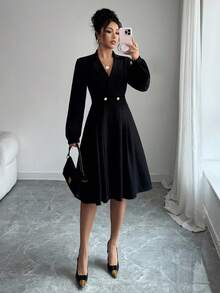 Elenzga فستان أنيق للسيدات بأكمام طويلة وخصر مشدود بتفاصيل إبزيم معدني ثنائي اللون - الأسود - مشاهدة 3